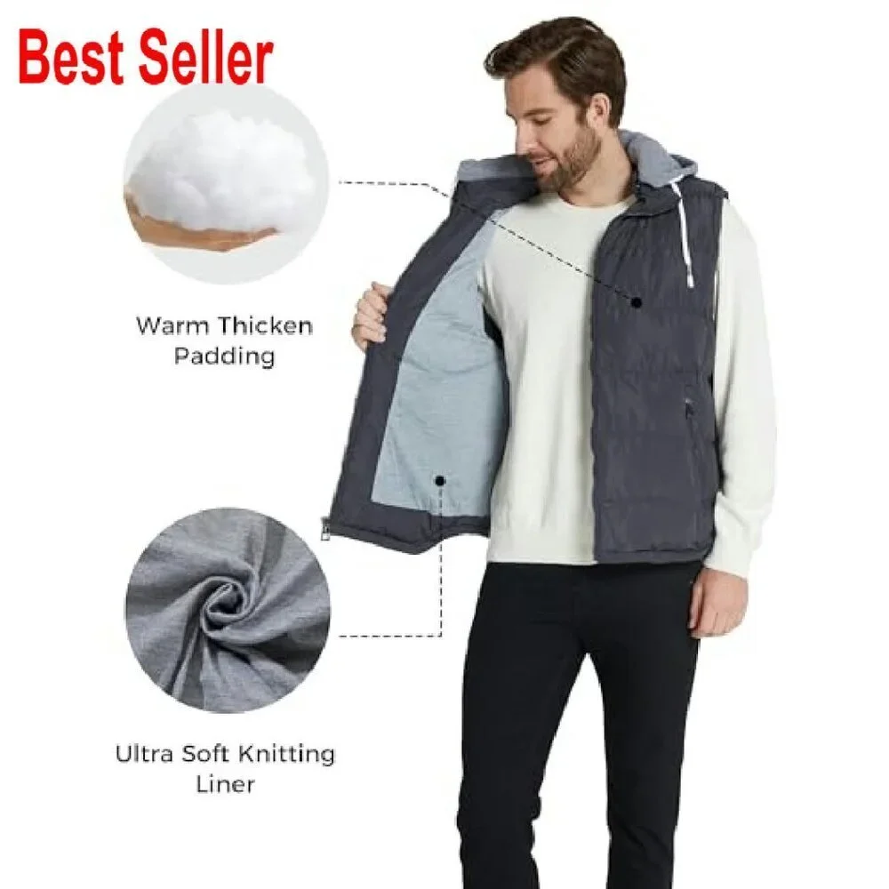 Men's Puffer Vest Removable Hood Classic Outdoor Winter Essential
